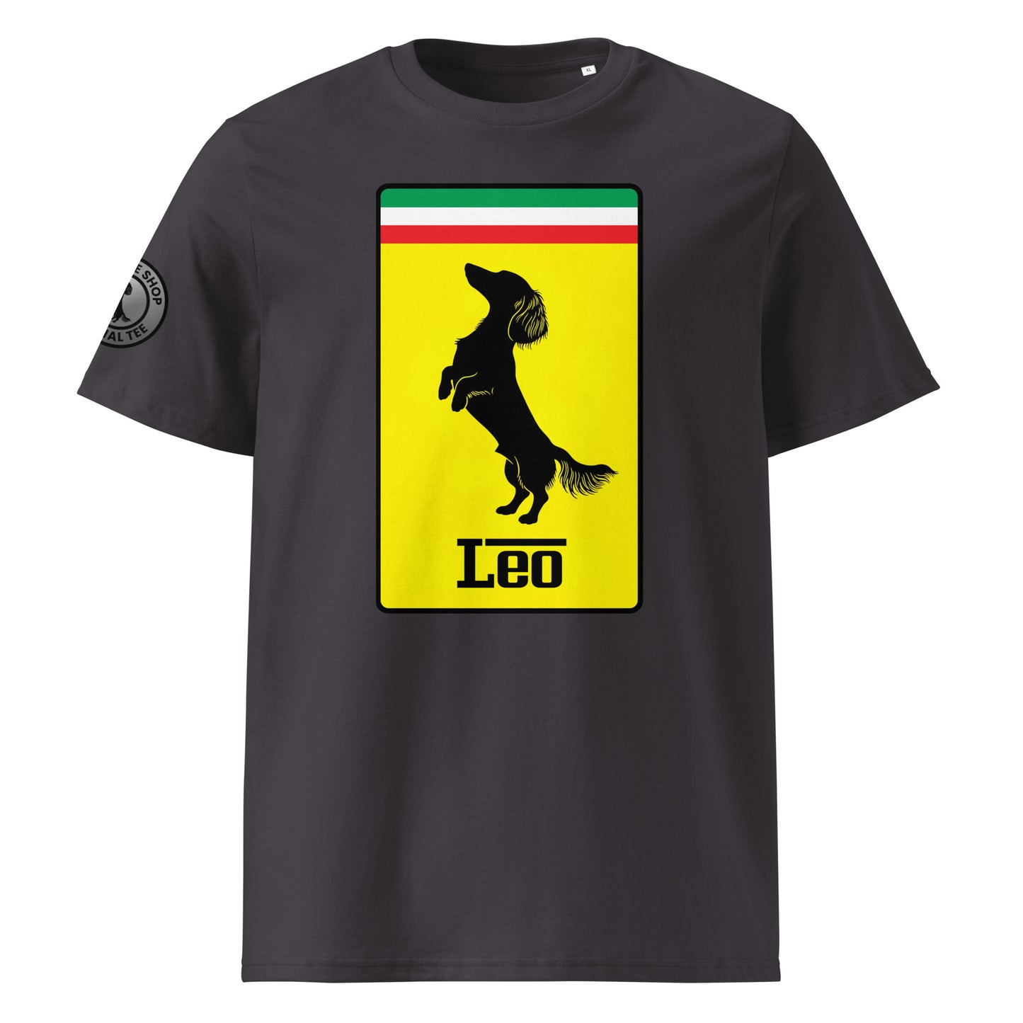 Product photo of the Prancing Leo T-Shirt in anthracite, featuring a bold yellow badge with a black silhouette of a longhaired dachshund and “Leo” text, inspired by Italian motorsport and perfect for racing and dog lovers.