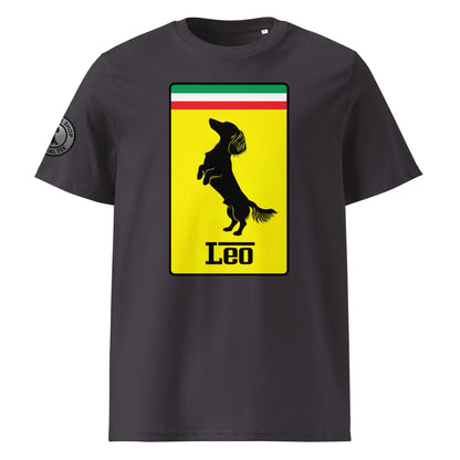 Product photo of the Prancing Leo T-Shirt in anthracite, featuring a bold yellow badge with a black silhouette of a longhaired dachshund and “Leo” text, inspired by Italian motorsport and perfect for racing and dog lovers.