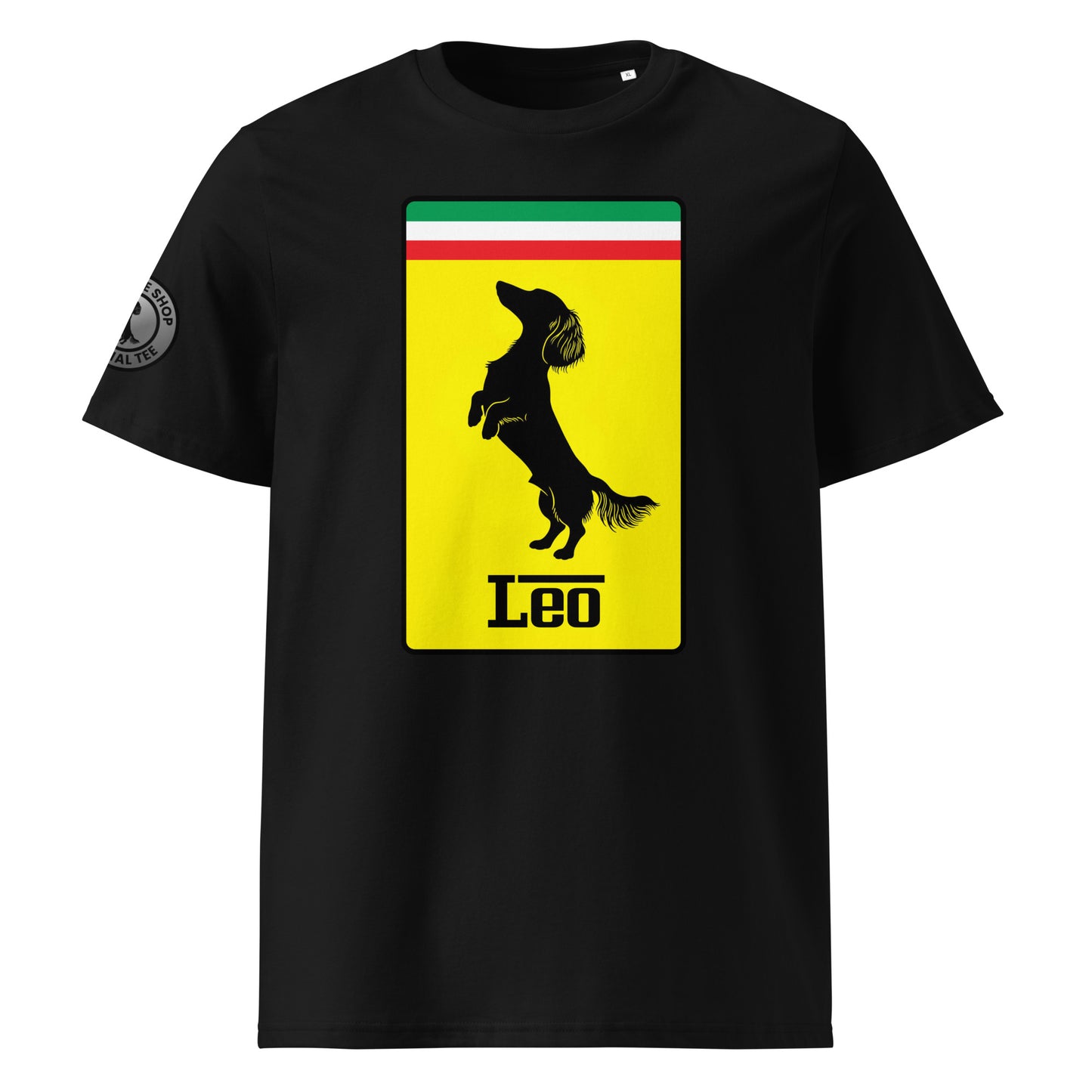 Product photo of the Prancing Leo T-Shirt in black, featuring a bold yellow badge with a black silhouette of a longhaired dachshund and “Leo” text, inspired by Italian motorsport and perfect for racing and dog lovers.