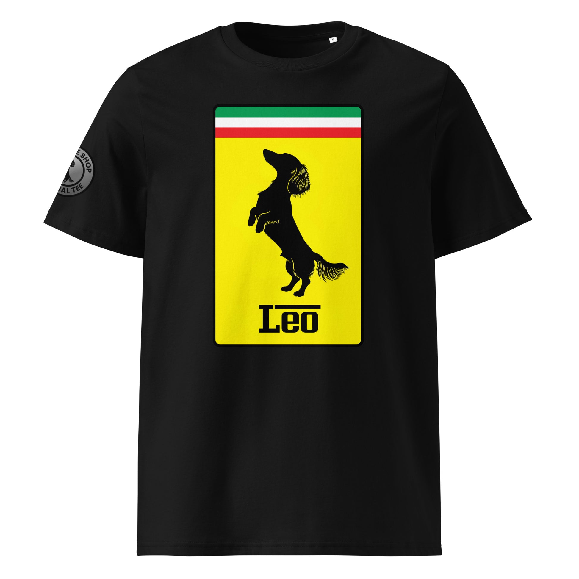 Product photo of the Prancing Leo T-Shirt in black, featuring a bold yellow badge with a black silhouette of a longhaired dachshund and “Leo” text, inspired by Italian motorsport and perfect for racing and dog lovers.