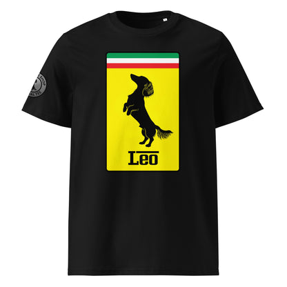 Product photo of the Prancing Leo T-Shirt in black, featuring a bold yellow badge with a black silhouette of a longhaired dachshund and “Leo” text, inspired by Italian motorsport and perfect for racing and dog lovers.