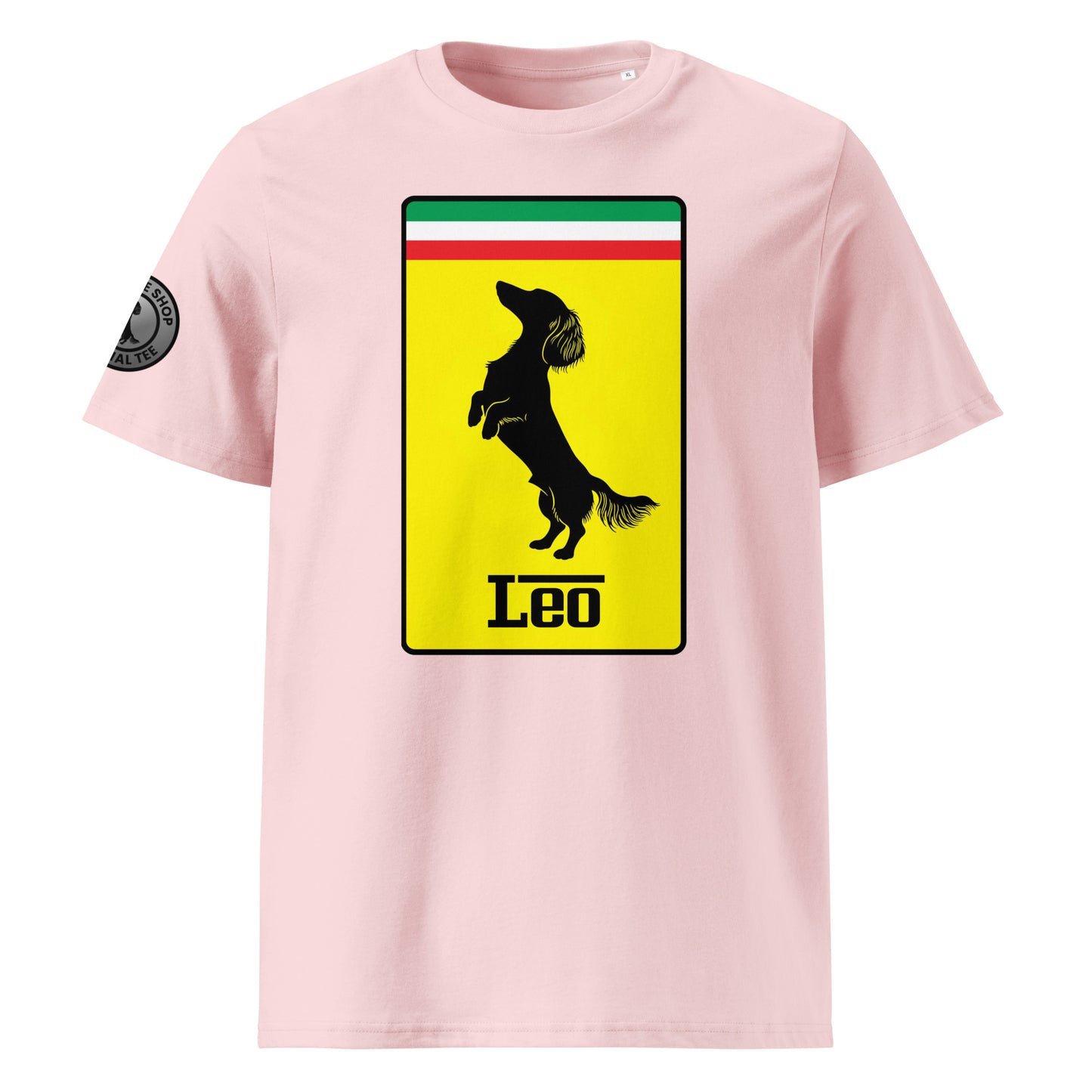 Product photo of the Prancing Leo T-Shirt in cotton pink, featuring a bold yellow badge with a black silhouette of a longhaired dachshund and “Leo” text, inspired by Italian motorsport and perfect for racing and dog lovers.