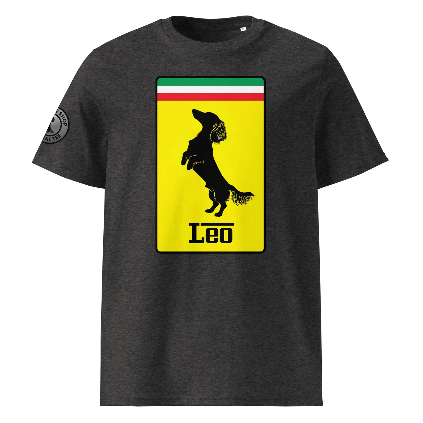 Product photo of the Prancing Leo T-Shirt in dark heather grey, featuring a bold yellow badge with a black silhouette of a longhaired dachshund and “Leo” text, inspired by Italian motorsport and perfect for racing and dog lovers.