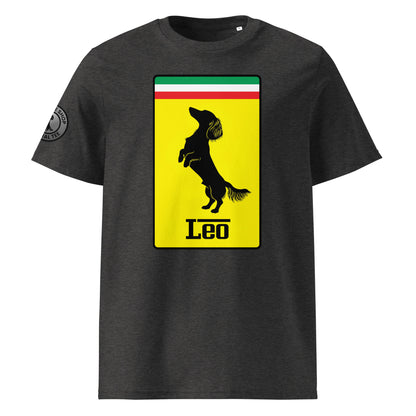 Product photo of the Prancing Leo T-Shirt in dark heather grey, featuring a bold yellow badge with a black silhouette of a longhaired dachshund and “Leo” text, inspired by Italian motorsport and perfect for racing and dog lovers.