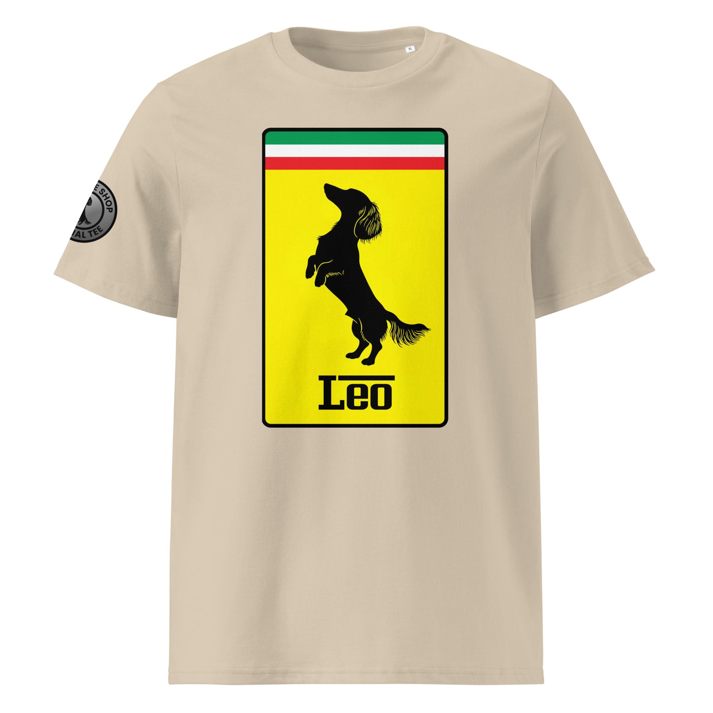 Product photo of the Prancing Leo T-Shirt in dessert dust, featuring a bold yellow badge with a black silhouette of a longhaired dachshund and “Leo” text, inspired by Italian motorsport and perfect for racing and dog lovers.