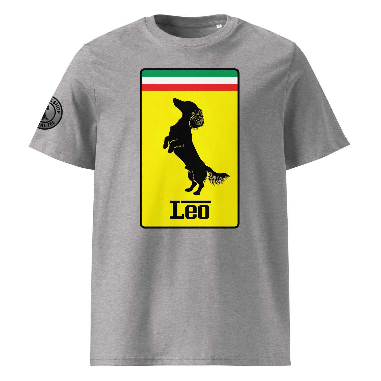 Product photo of the Prancing Leo T-Shirt in heather grey, featuring a bold yellow badge with a black silhouette of a longhaired dachshund and “Leo” text, inspired by Italian motorsport and perfect for racing and dog lovers.