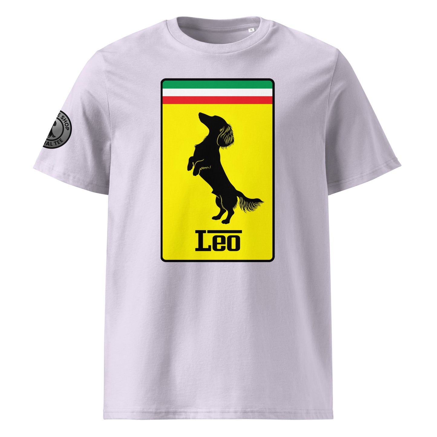 Product photo of the Prancing Leo T-Shirt in lavender, featuring a bold yellow badge with a black silhouette of a longhaired dachshund and “Leo” text, inspired by Italian motorsport and perfect for racing and dog lovers.