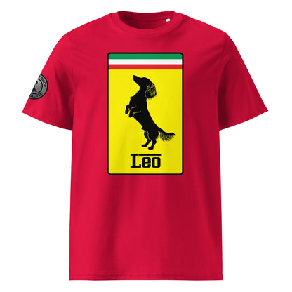 Product photo of the Prancing Leo T-Shirt in red, featuring a bold yellow badge with a black silhouette of a longhaired dachshund and “Leo” text, inspired by Italian motorsport and perfect for racing and dog lovers.