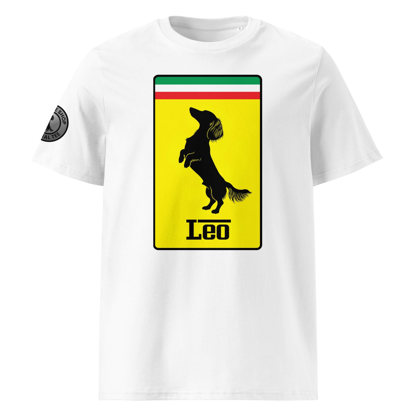 Product photo of the Prancing Leo T-Shirt in white, featuring a bold yellow badge with a black silhouette of a longhaired dachshund and “Leo” text, inspired by Italian motorsport and perfect for racing and dog lovers.