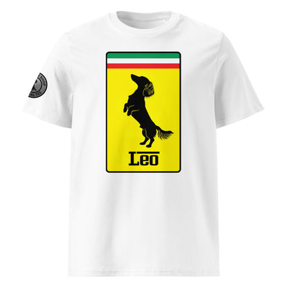 Product photo of the Prancing Leo T-Shirt in white, featuring a bold yellow badge with a black silhouette of a longhaired dachshund and “Leo” text, inspired by Italian motorsport and perfect for racing and dog lovers.