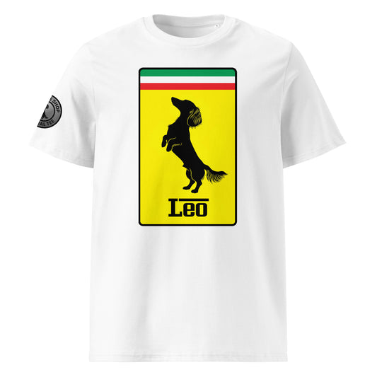 Product photo of the Prancing Leo T-Shirt in white, featuring a bold yellow badge with a black silhouette of a longhaired dachshund and “Leo” text, inspired by Italian motorsport and perfect for racing and dog lovers.