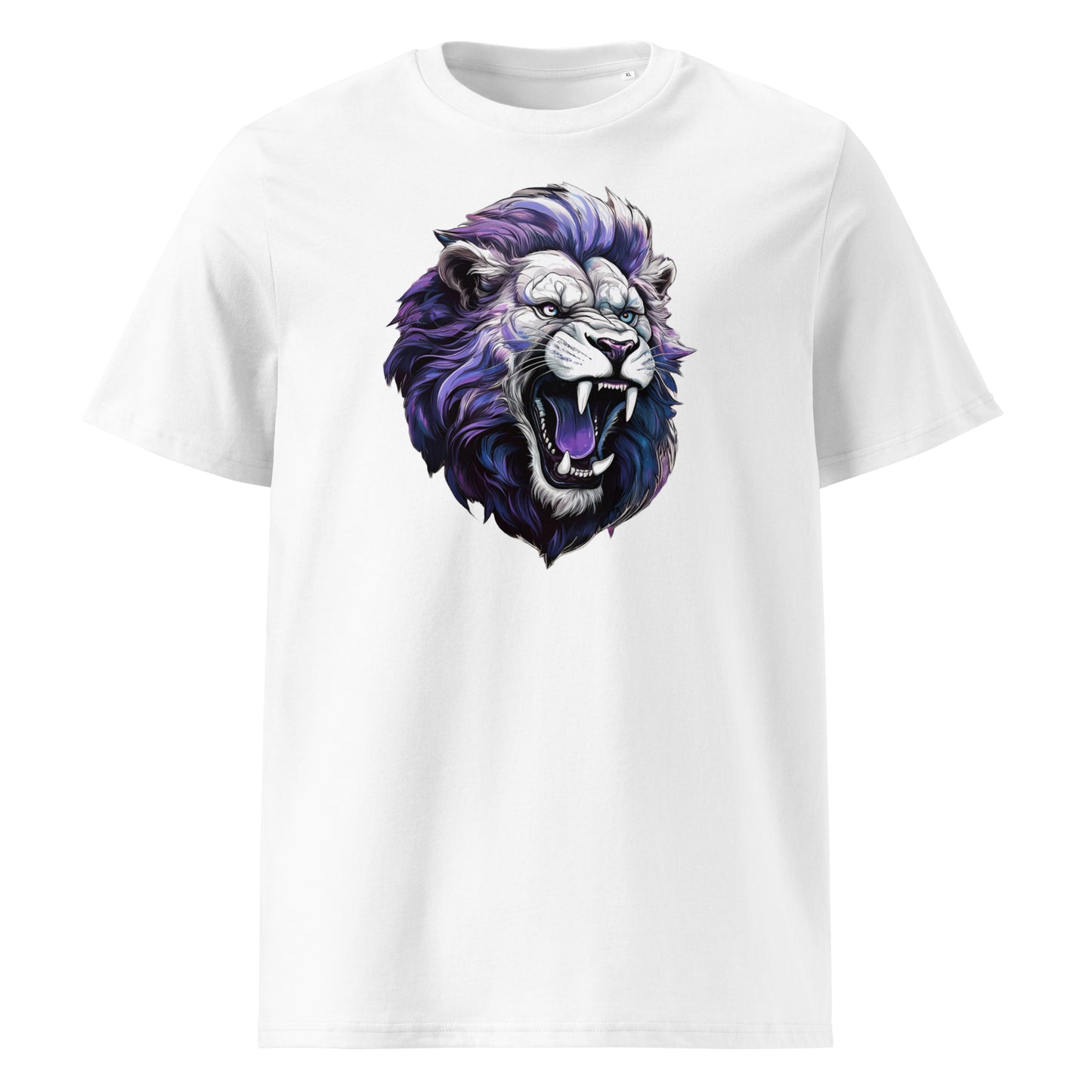 Front of the t-shirt featuring a roaring lion with a purple and blue mane and white face – ideal for Terenure College RFC and Lions Tour rugby fans.