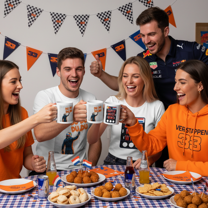 Group of Verstappen fans, some in Max Series or SUPER MAX WINS t-shirts, others in Red Bull apparel, all holding DU DU DU DU Graffiti Mugs at a lively race day party.