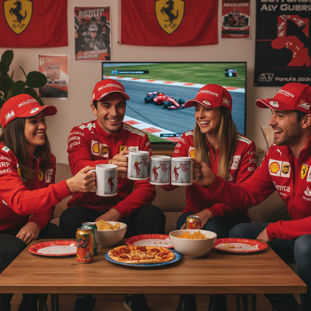 A group of Lewis Hamilton and Ferrari fans in Ferrari team apparel, celebrating race day and holding Scuderia Series: Bring Back Hammer Time Graffiti Mugs in a lively, decorated setting.