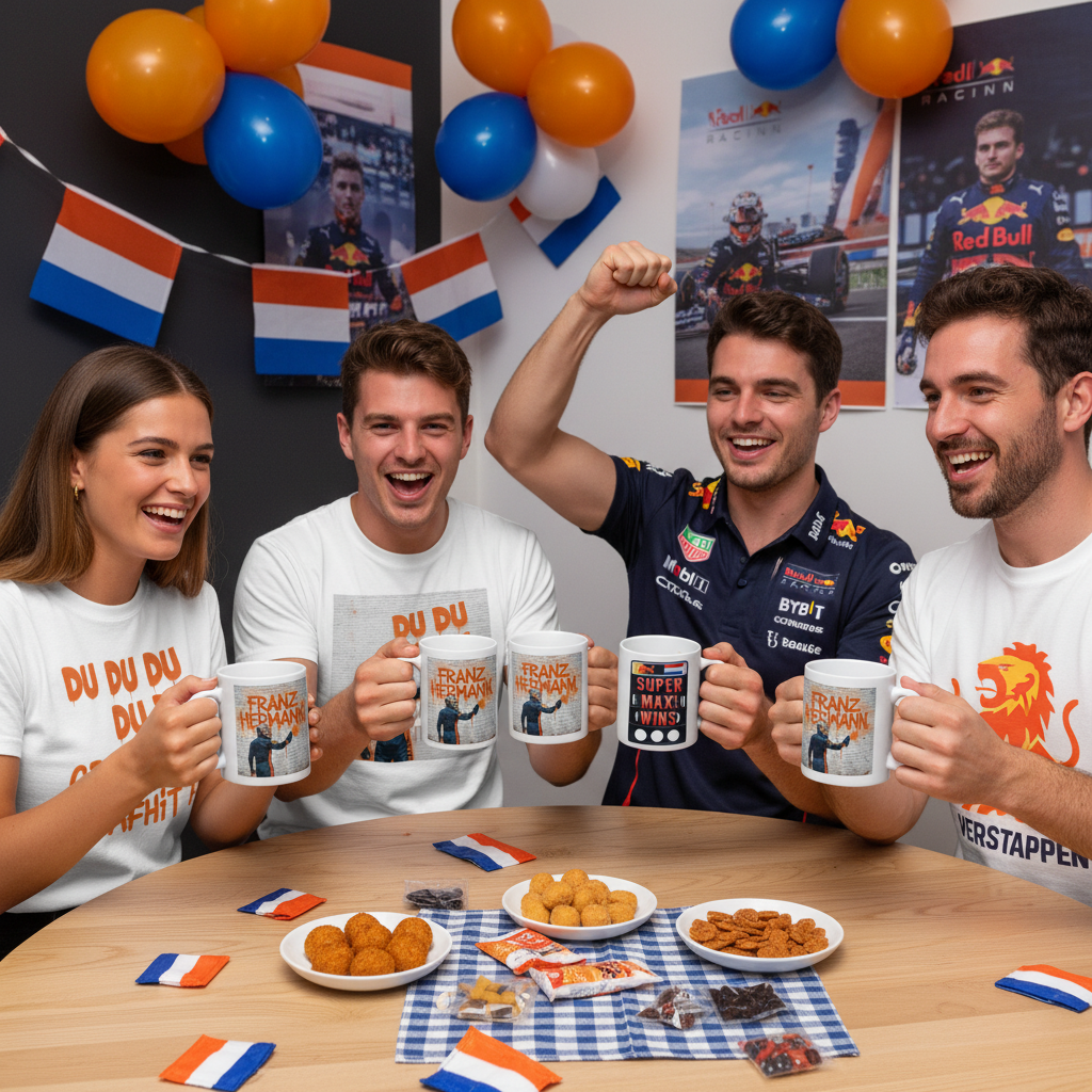 Group of Verstappen fans, some in Max Series or SUPER MAX WINS t-shirts, others in Red Bull apparel, all holding Franz Hermann Graffiti Mugs at a lively race day party.