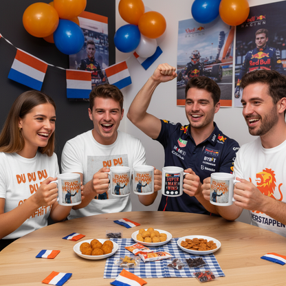Group of Verstappen fans, some in Max Series or SUPER MAX WINS t-shirts, others in Red Bull apparel, all holding Franz Hermann Graffiti Mugs at a lively race day party.