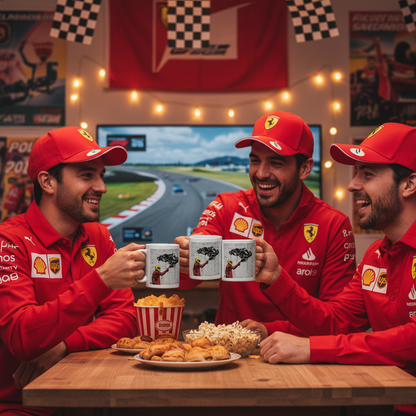 A group of 3–4 motorsport fans in team apparel, each holding the Humble Beginnings Graffiti Mug with kart and number 44 design, celebrating together.