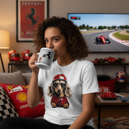 Female model in Leo t-shirt sipping from the Stallion Graffiti Mug, surrounded by motorsport memorabilia.