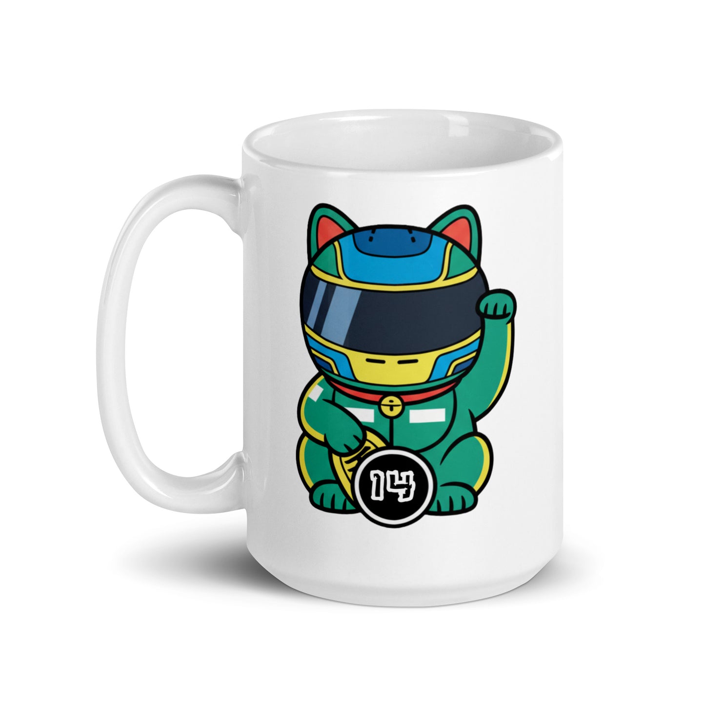 Glossy ceramic mug with a helmeted lucky cat in green gear and a #14 coin—ideal for fans who appreciate experience, patience, and late-braking confidence.
