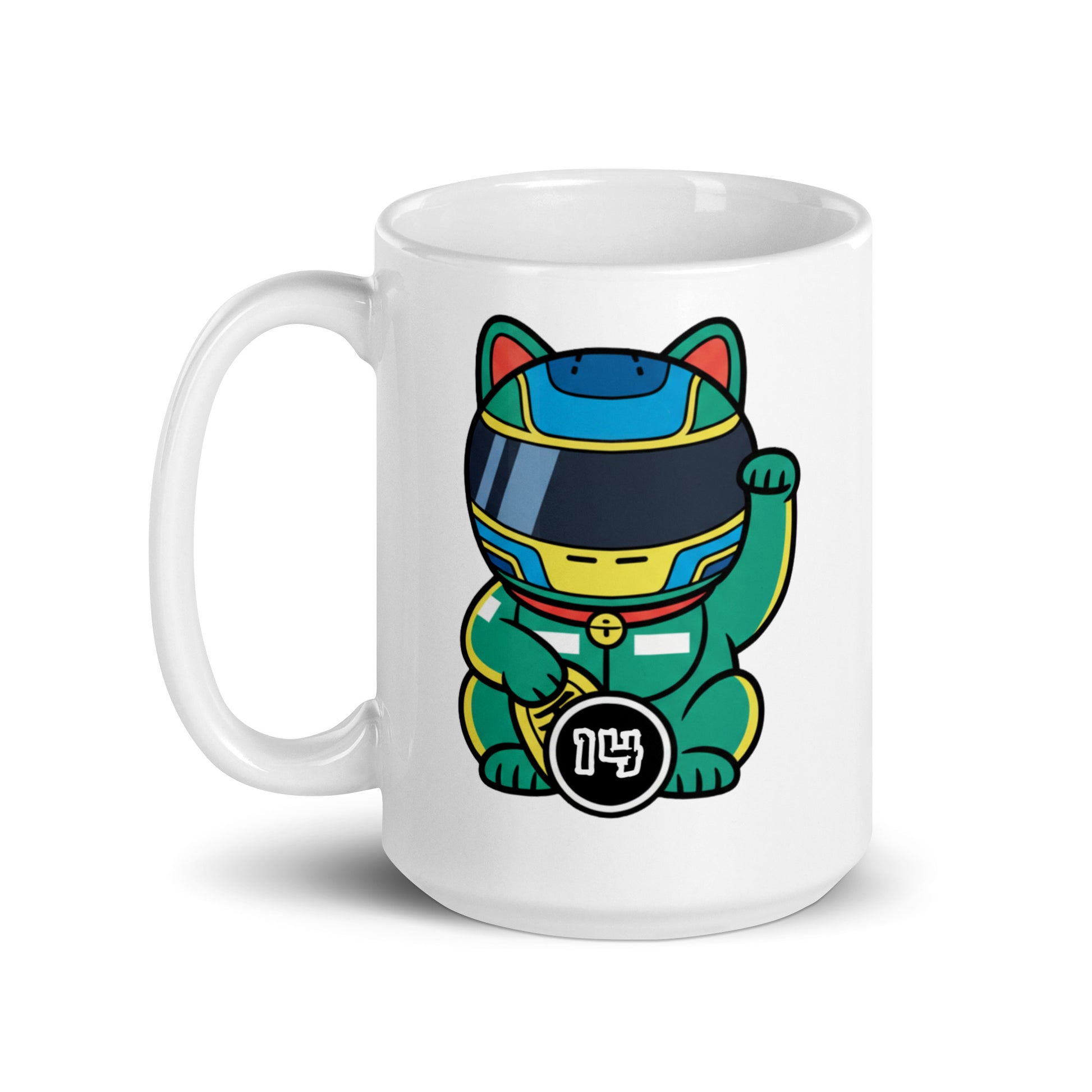 Glossy ceramic mug with a helmeted lucky cat in green gear and a #14 coin—ideal for fans who appreciate experience, patience, and late-braking confidence.
