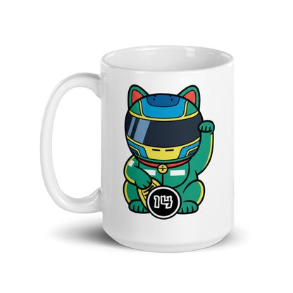Glossy ceramic mug with a helmeted lucky cat in green gear and a #14 coin—ideal for fans who appreciate experience, patience, and late-braking confidence.
