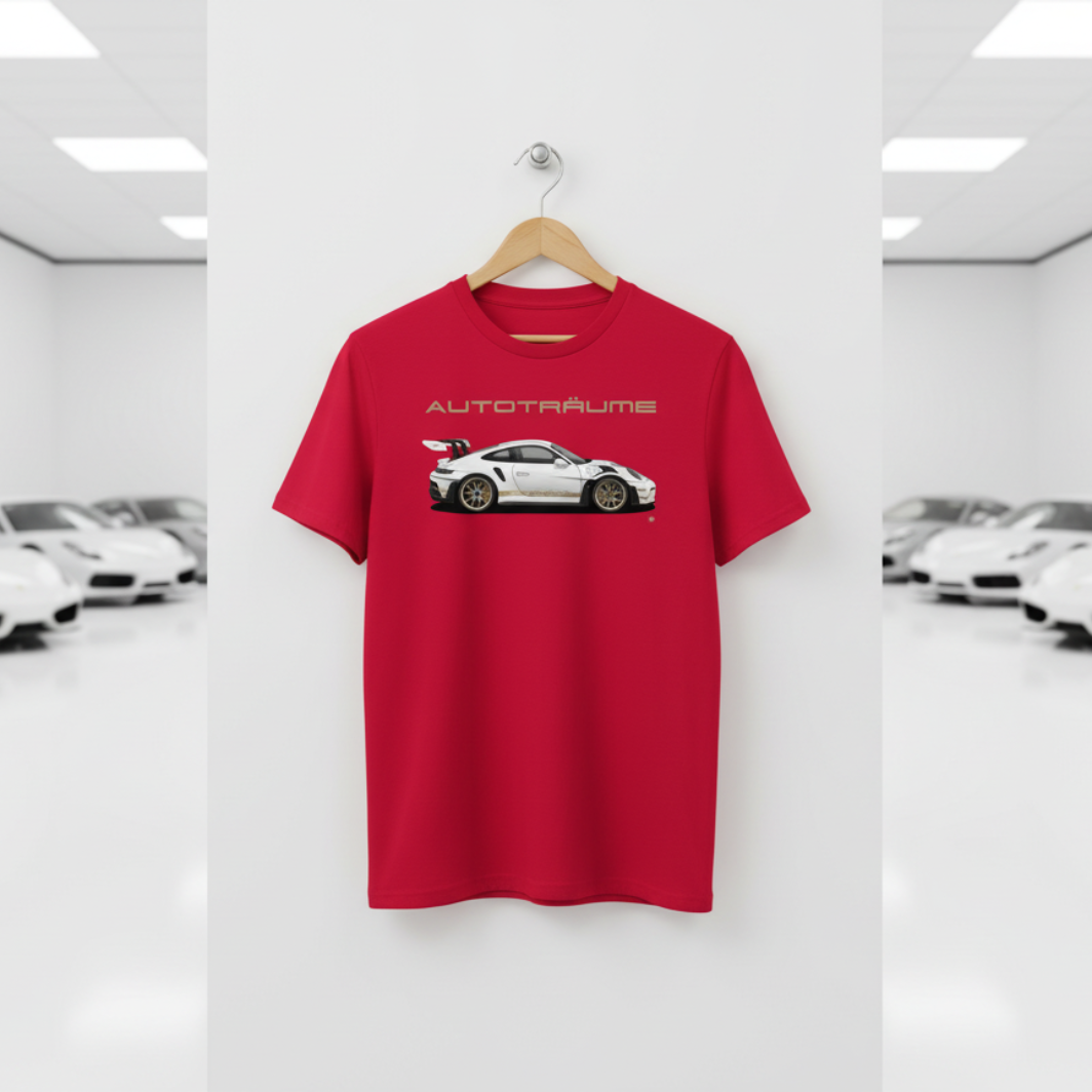Bright red unisex organic cotton AUTOTRÄUME GT3 RS T-shirt featuring a large, centred white Porsche-style GT3 RS car graphic with gold details hanging on a premium wooden hanger with a silver wall peg against a clean white wall panel in a bright modern sports car gallery with glossy floors and blurred white and silver sports cars on both sides.