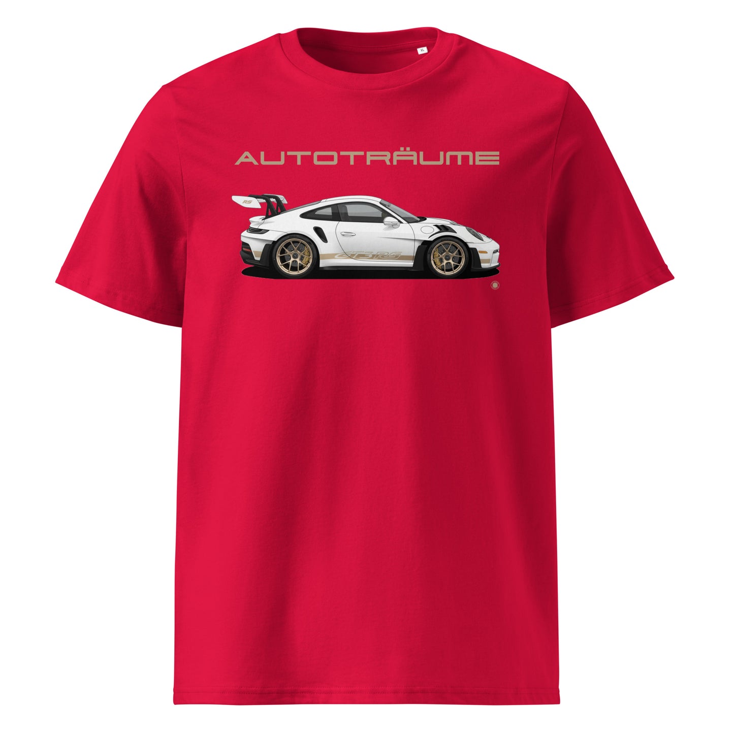 Red AUTOTRÄUME GT3 RS T-Shirt with Gold Detail Front View.