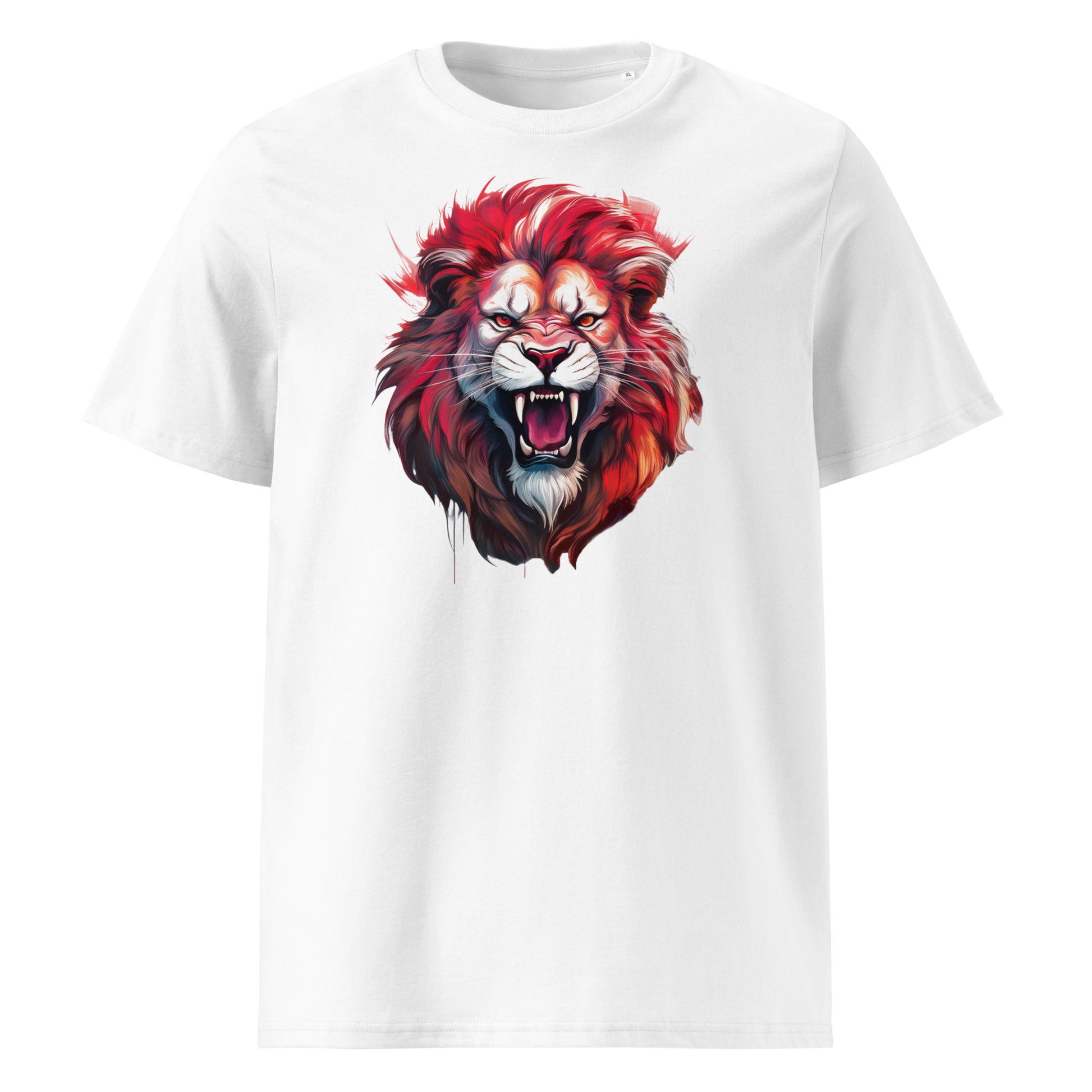 Front of the t-shirt featuring a roaring red lion with dark accents on a white background – ideal for Munster and Lions Tour rugby fans.