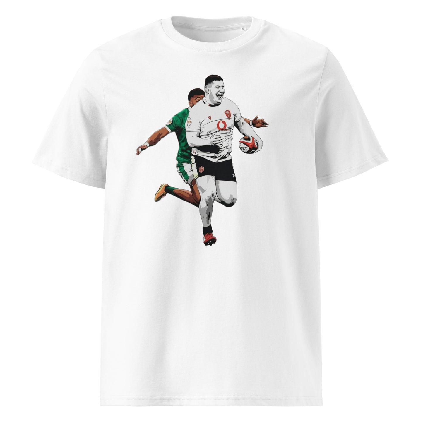 White rugby t-shirt featuring Rhys Carré running with the ball for Wales as one Irish defender chases behind.
