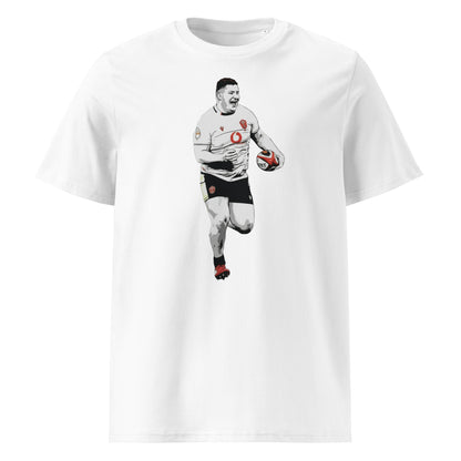 White rugby t-shirt featuring Rhys Carré running in solo to score for Wales, designed for props and front row rugby fans.