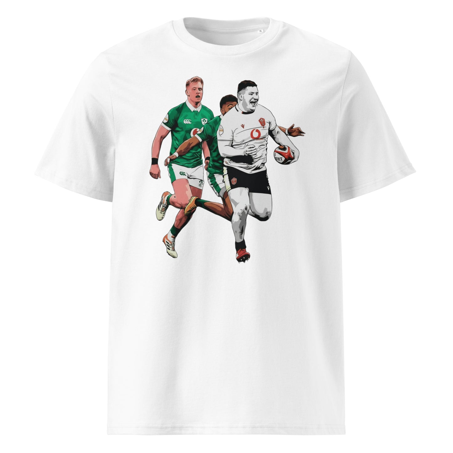 White rugby t-shirt featuring Rhys Carré running with the ball for Wales as two Irish defenders chase behind.