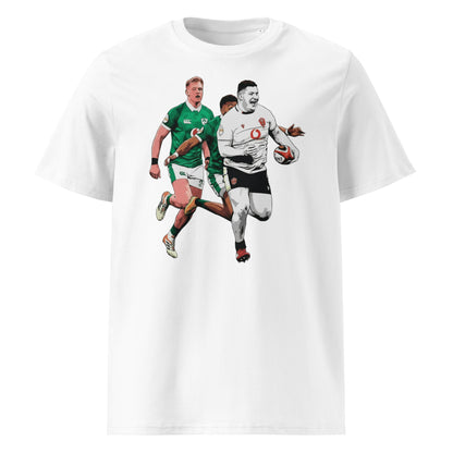 White rugby t-shirt featuring Rhys Carré running with the ball for Wales as two Irish defenders chase behind.