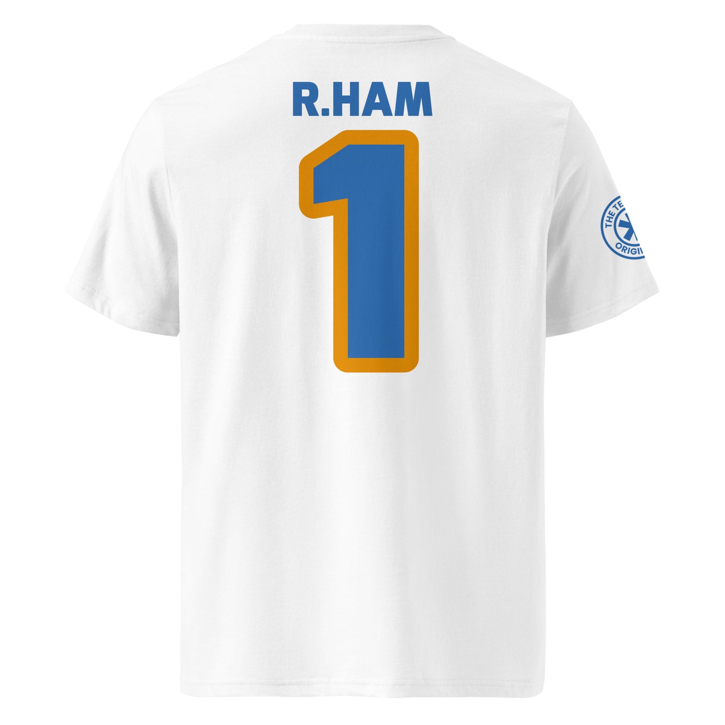 Back of the tee showing “R. Ham” and #1 – a cheeky nod to Richard Ham the pig from Clarkson’s Farm.