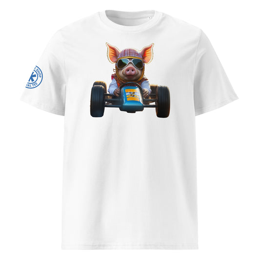 Front of the Richard Ham Racing Pig T-Shirt featuring a cartoon pig driving a race car – perfect for Clarkson’s Farm and car fans.