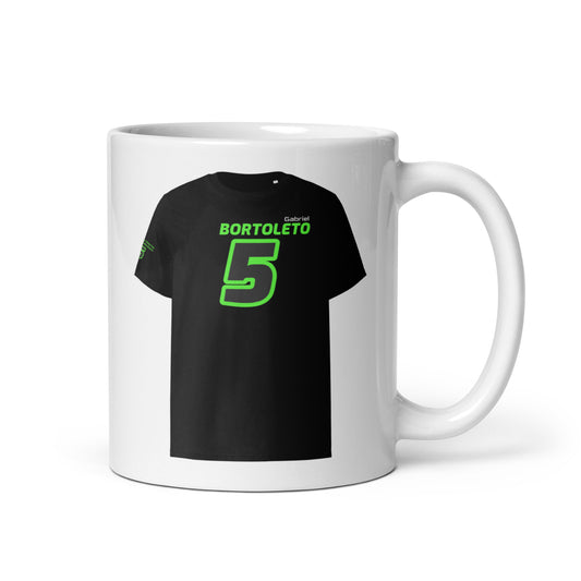 Explore the right handle view of our BORTOLETO Number 5 Ceramic Mug. This perspective emphasizes the sturdy construction of the handle along with an unobstructed view of the striking design on the front.