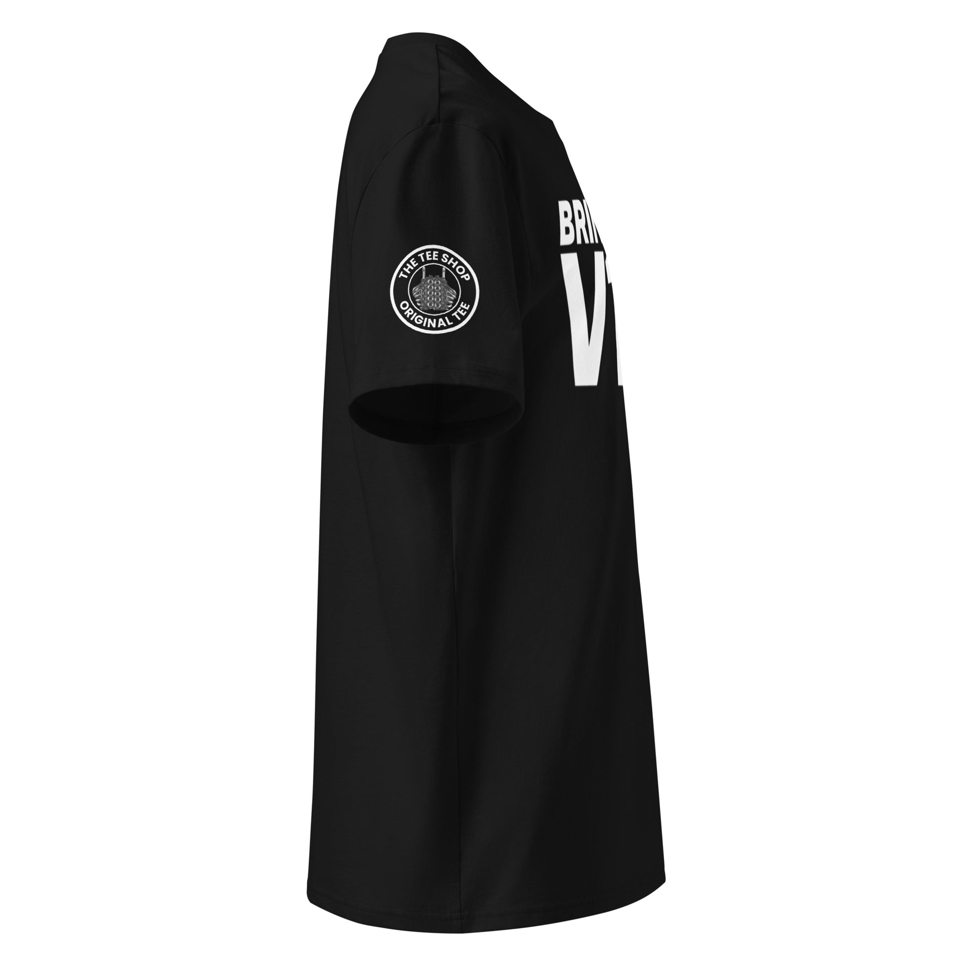 View the right sleeve of our Bring Back V10s Black T-Shirt, showcasing TheTeeShop logo with a unique graphic.