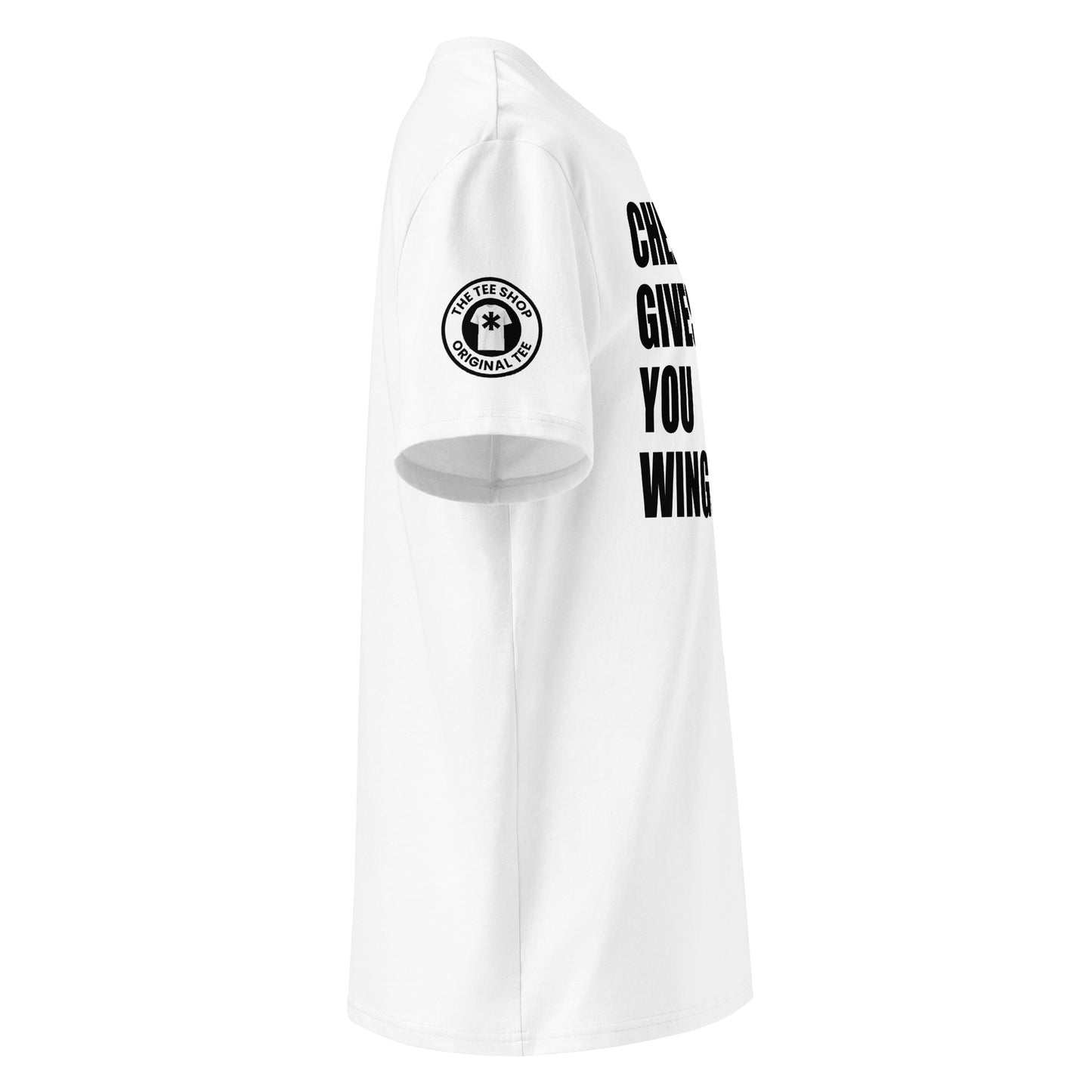 View the right sleeve of our Cheating Gives You Wings White T-Shirt, showcasing TheTeeShop logo with a unique traction control graphic.