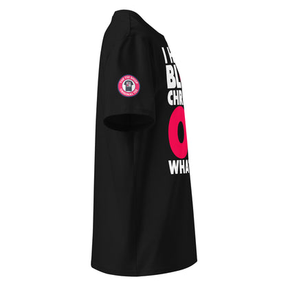 View the right sleeve of our I Had to Block Christian on WhatsApp Black T-Shirt, showcasing TheTeeShop logo with a unique graphic.