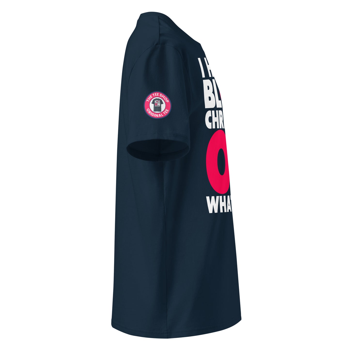 View the right sleeve of our I Had to Block Christian on WhatsApp Navy Blue T-Shirt, showcasing TheTeeShop logo with a unique graphic.