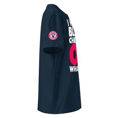 View the right sleeve of our I Had to Block Christian on WhatsApp Navy Blue T-Shirt, showcasing TheTeeShop logo with a unique graphic.