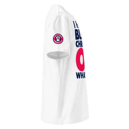 View the right sleeve of our I Had to Block Christian on WhatsApp White T-Shirt, showcasing TheTeeShop logo with a unique graphic.