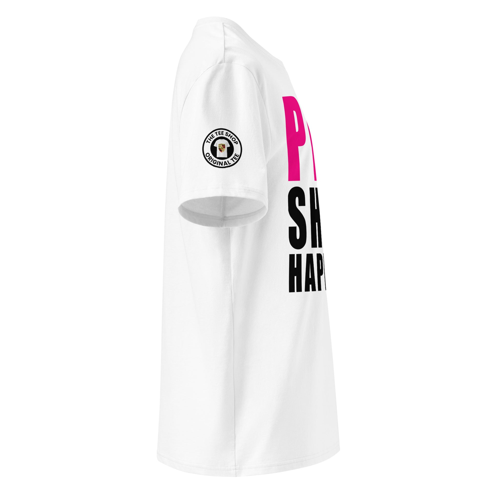View the right sleeve of our PDK Shift Happens White T-Shirt, showcasing TheTeeShop logo with a unique traction control graphic.