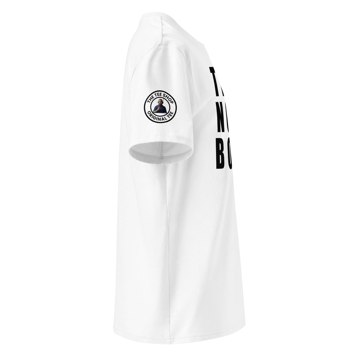 View the right sleeve of our Teds Note Book White T-Shirt, showcasing TheTeeShop logo with a unique graphic.