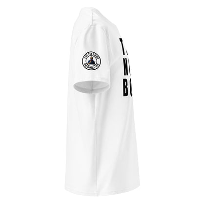 View the right sleeve of our Teds Note Book White T-Shirt, showcasing TheTeeShop logo with a unique graphic.