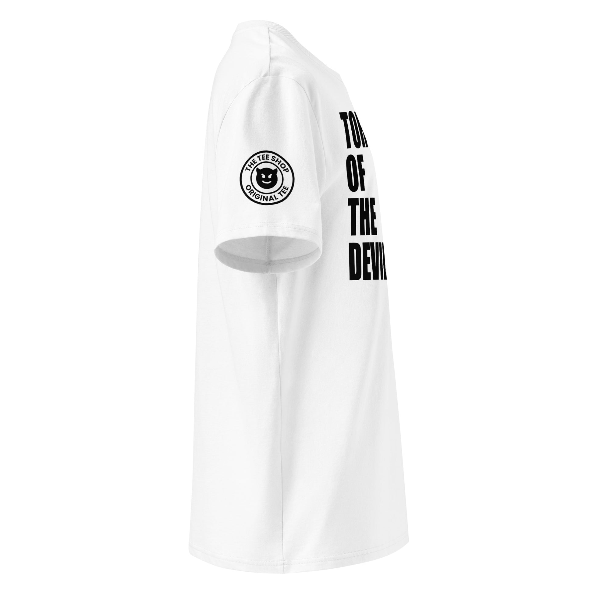 View the right sleeve of our Torque of the Devil White T-Shirt, showcasing TheTeeShop logo with a cheeky devil graphic.