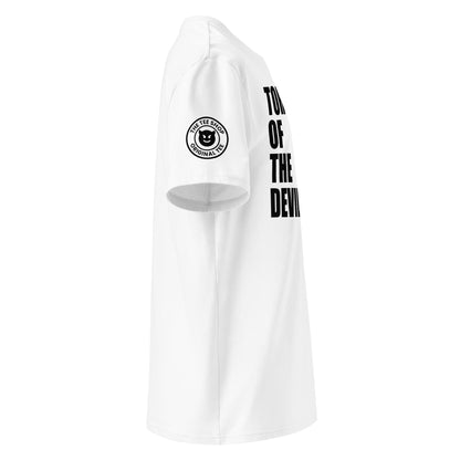 View the right sleeve of our Torque of the Devil White T-Shirt, showcasing TheTeeShop logo with a cheeky devil graphic.