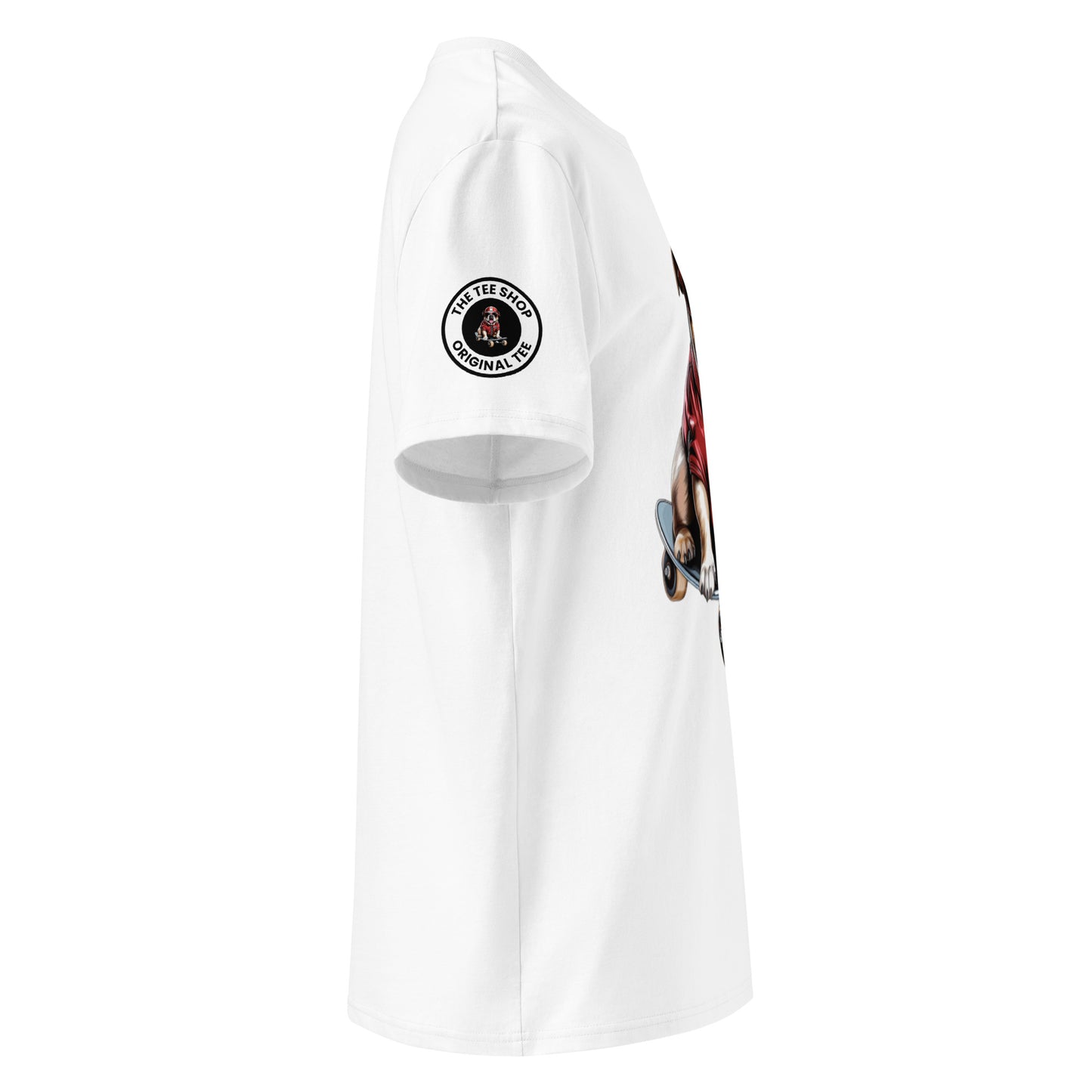 Right side view of the roscoe hamilton skateboarding t-shirt showing right sleeve and TheTeeShop Logo.