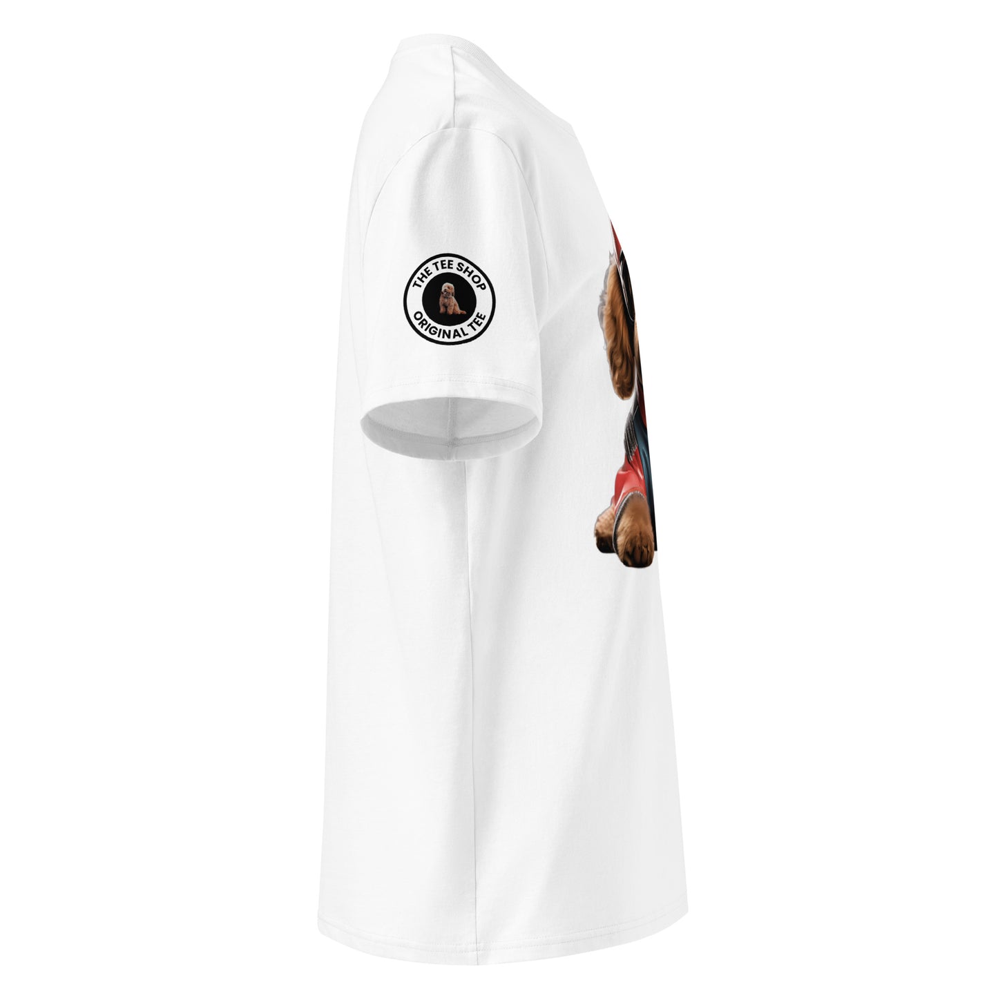 A right side view of the right sleeve of the Simba Gasly F1 t-shirt showing TeTeeShop Logo.