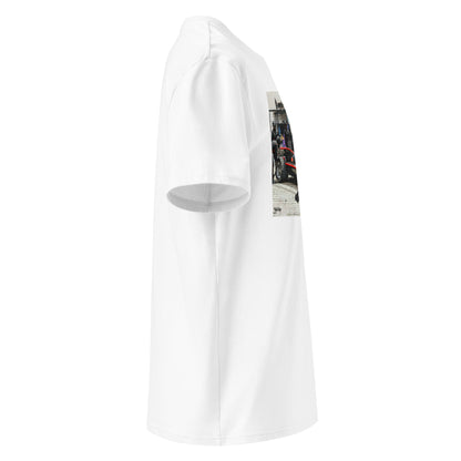 Right view of Bat Stop Graffiti white car T-Shirt mockup.