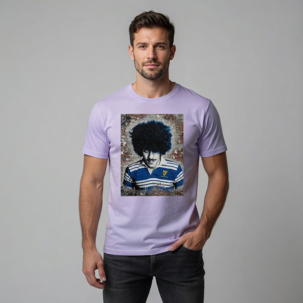 Male model wearing a Rock Poet Leinster Legends t-shirt featuring Phil Lynott in a retro Leinster jersey with brick wall artwork.